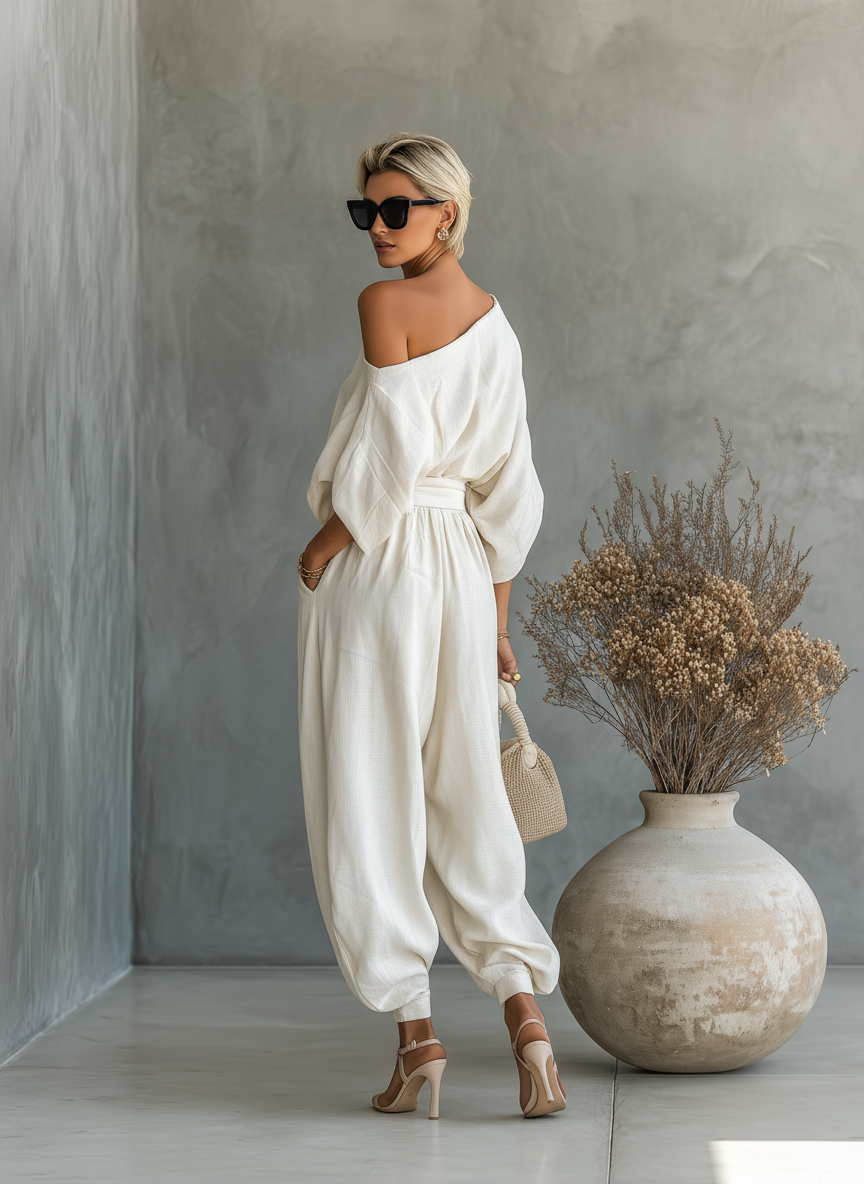 Federica | Completo Top Lino Spalle Scoperte e Pantalone