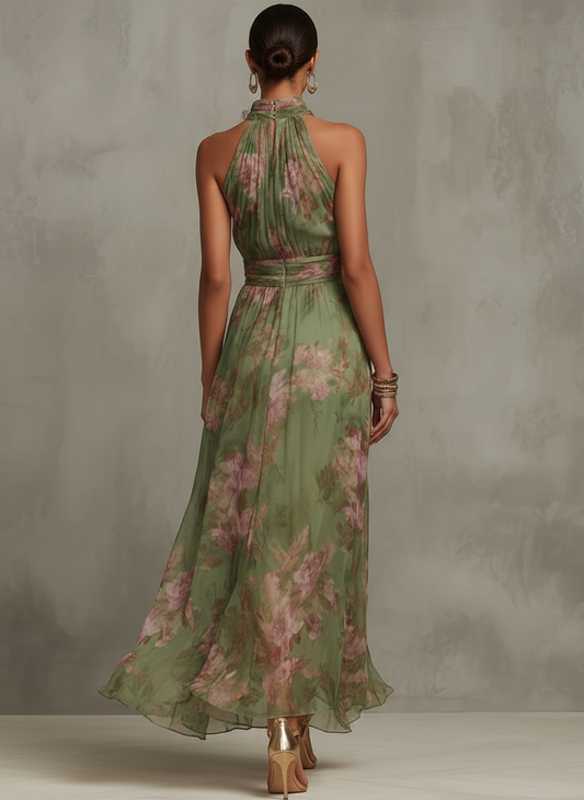 Valentina | Vestido largo verde floral en chifón con escote halter