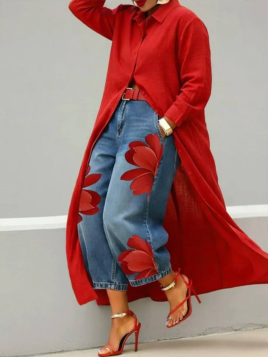 Emma | Abito Camicia in Lino e Jeans Floreali