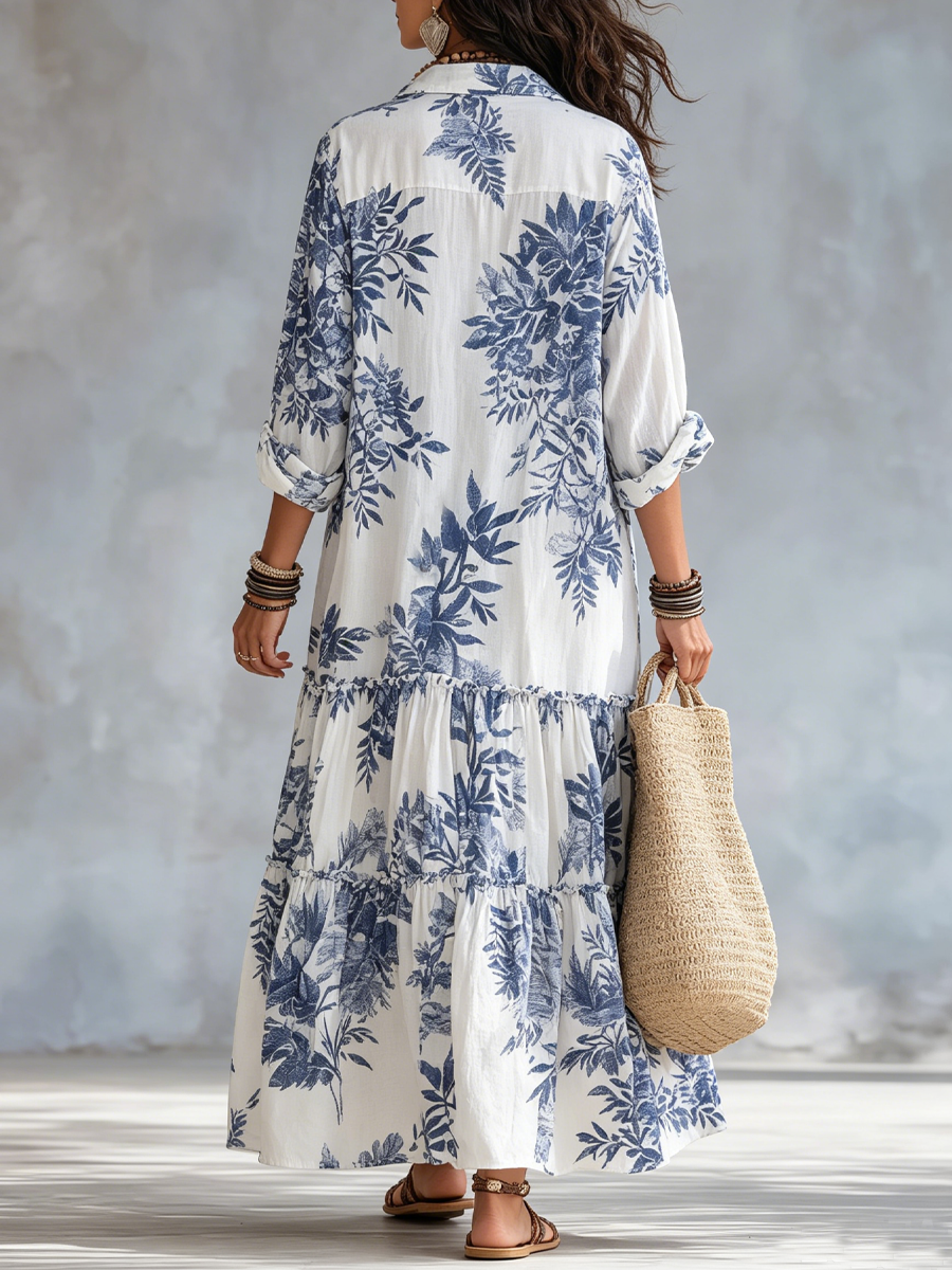 Gioia | Abito a Fiori Blu con Bottoni