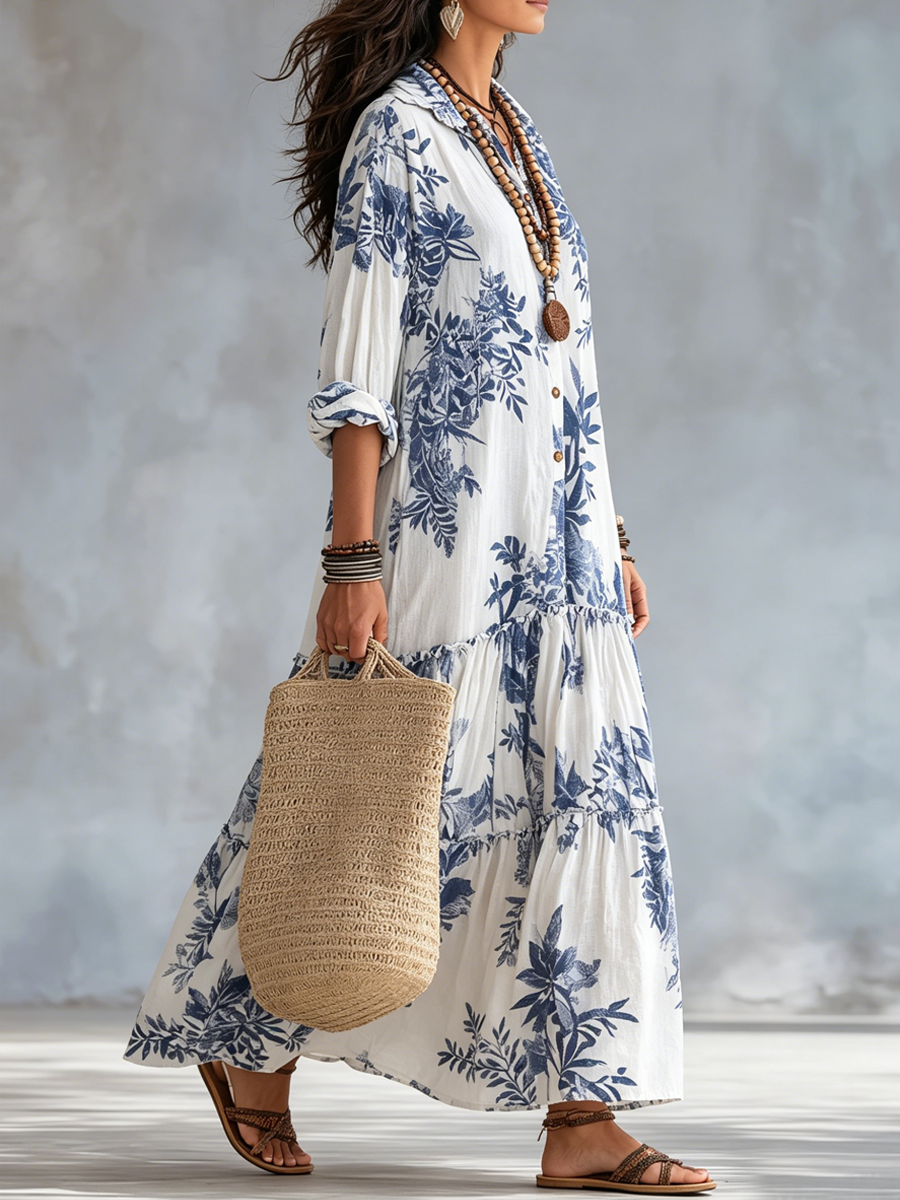 Gioia | Abito a Fiori Blu con Bottoni