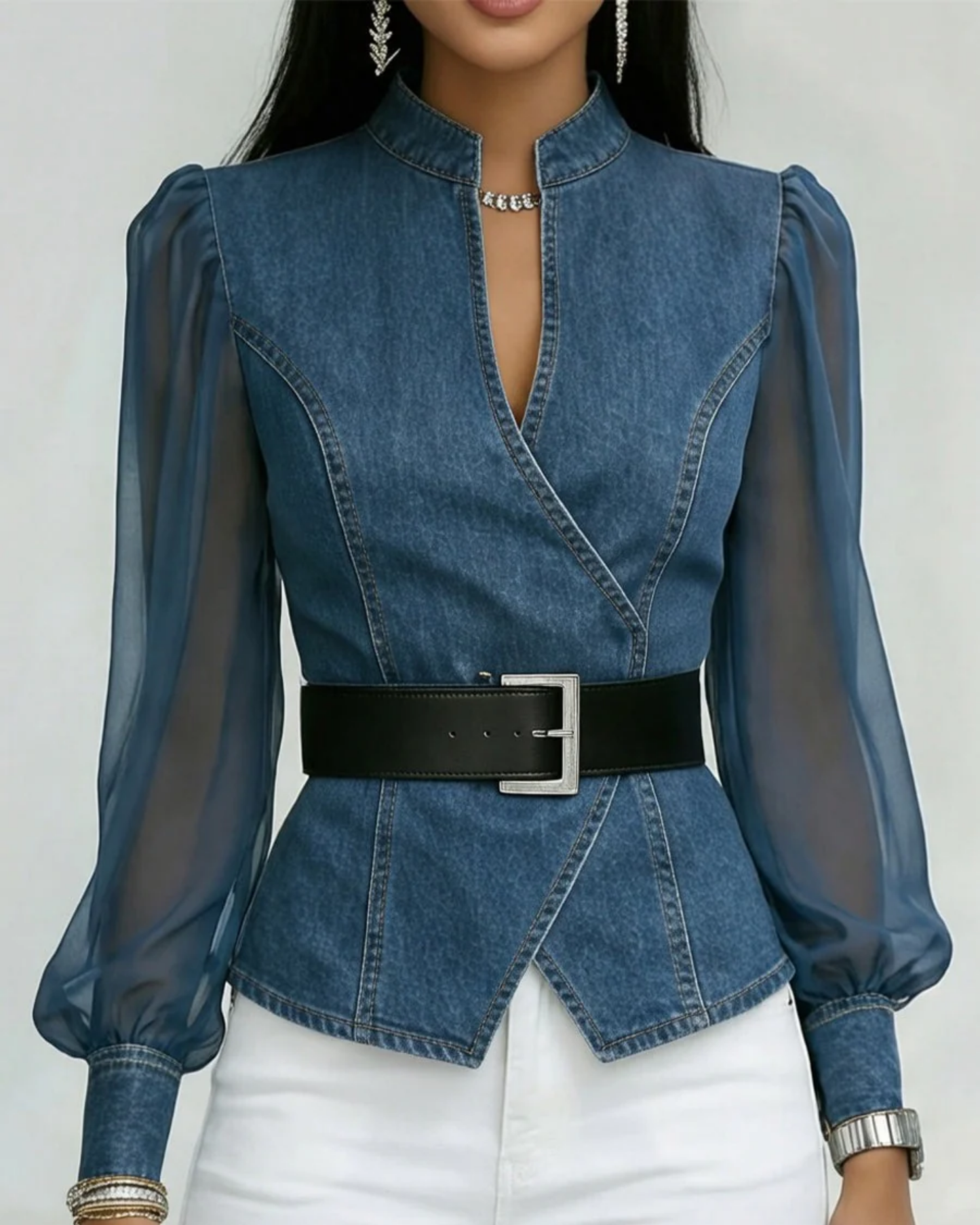 Simona | Top in Denim con Maniche in Chiffon