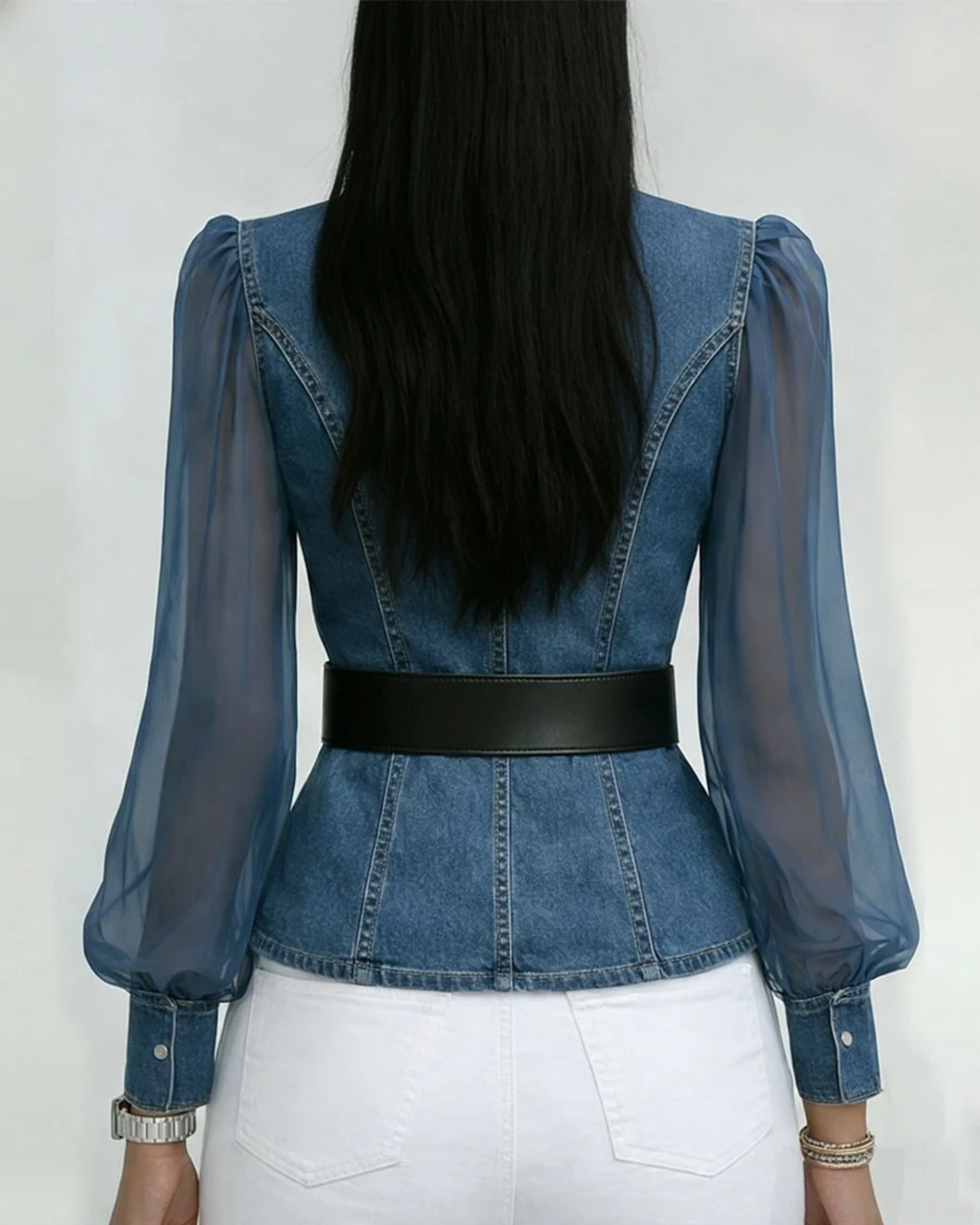 Simona | Top in Denim con Maniche in Chiffon