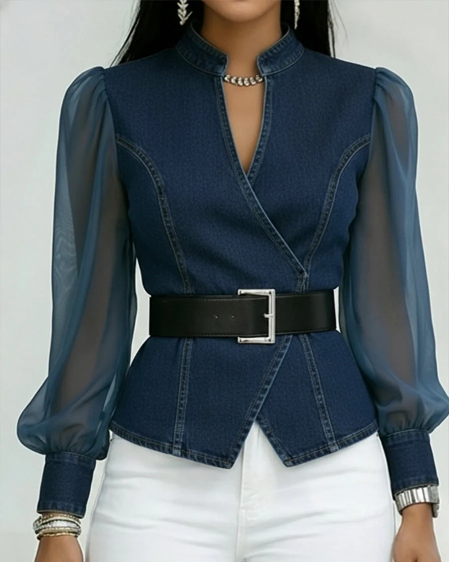Simona | Top in Denim con Maniche in Chiffon