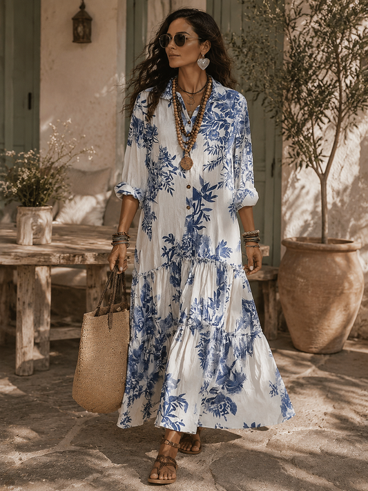 Gioia | Abito a Fiori Blu con Bottoni