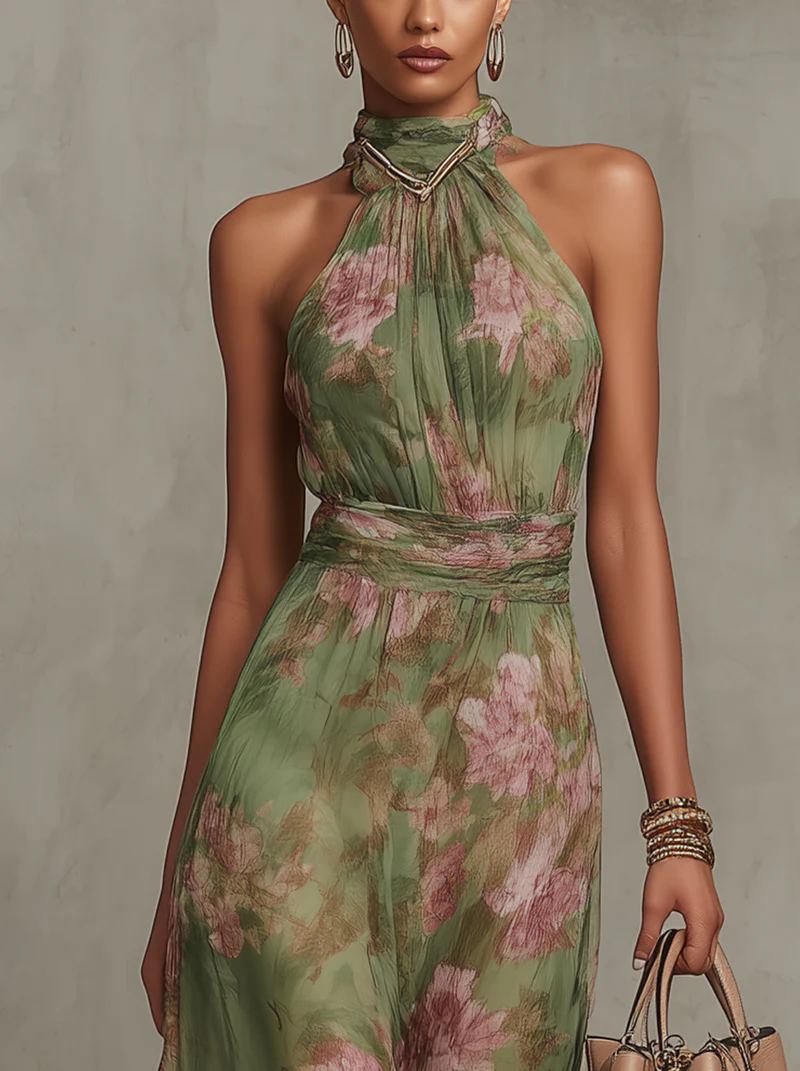 Fabiana | Abito Lungo Verde Floreale in Chiffon con Scollo Halter