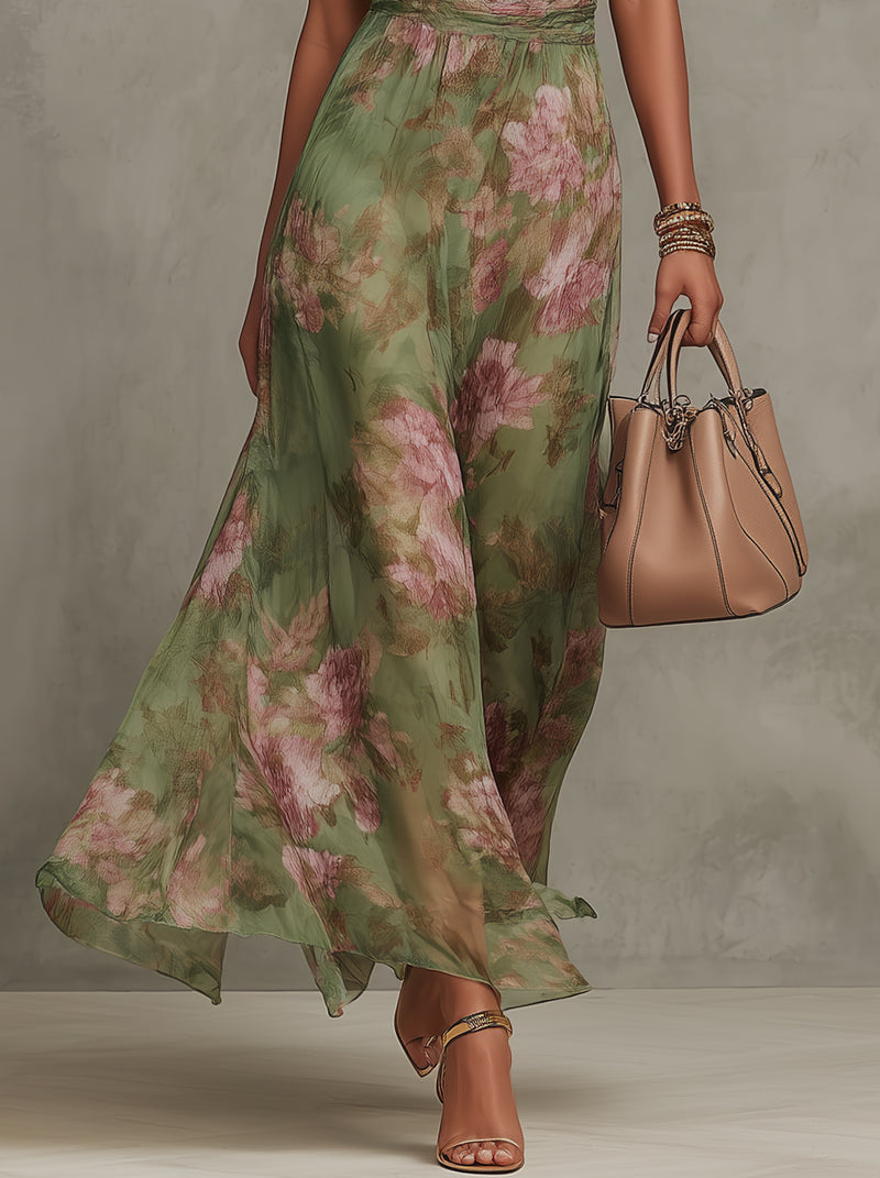 Fabiana | Abito Lungo Verde Floreale in Chiffon con Scollo Halter