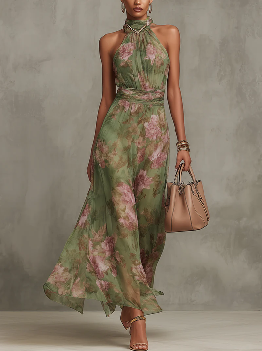 Valentina | Vestido largo verde floral en chifón con escote halter